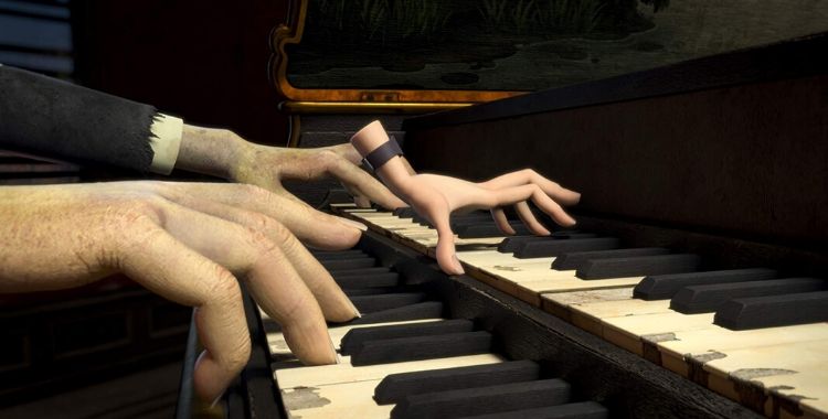 mãozinha e tropeço tocando piano